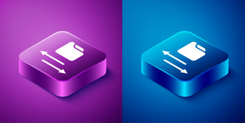 Isometric Transfer files icon isolated on blue and purple background. Copy files, data exchange, backup, PC migration, file sharing concepts. Square button. Vector