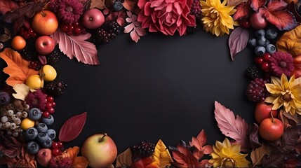  a black background with a bunch of fruits and flowers on it.  generative ai