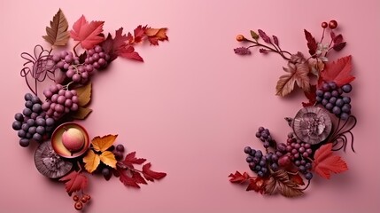  a pink background with a bunch of grapes and leaves on it.  generative ai