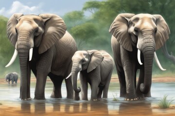 Fototapeta na wymiar elephants with their mother in the water. elephants in the water elephants with their mother in the water.