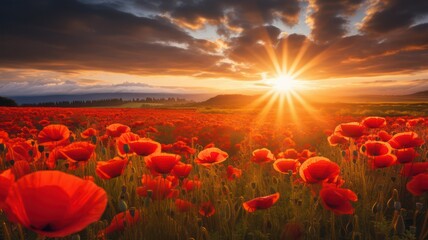 Intense sun with lots of thin sunrays over a poppy field in summer created with Generative AI