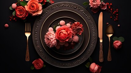  a black plate with flowers on it next to silverware.  generative ai