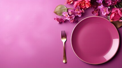  a pink plate with a gold fork and purple flowers on a pink background. generative ai