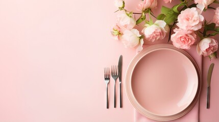  a pink table setting with a plate, fork, knife and flowers. generative ai