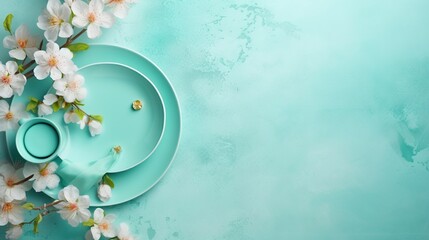  a teal plate with white flowers on a blue background.  generative ai