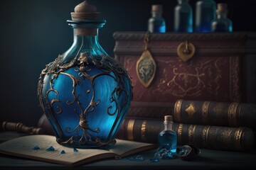 Glass bottle with blue liquid. Magical alchemy potion - obrazy, fototapety, plakaty