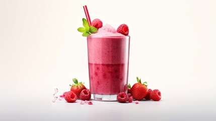  a tall glass filled with a pink drink and strawberries.  generative ai