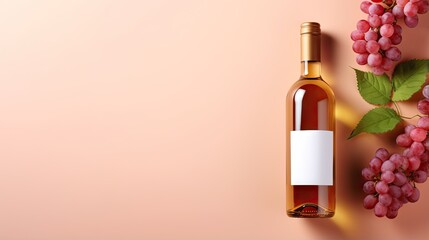  a bottle of wine and a bunch of grapes on a pink background. generative ai