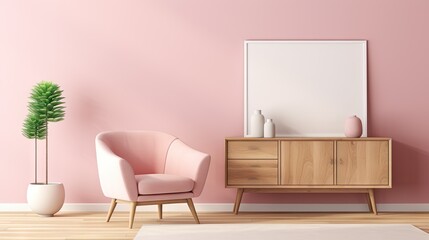  a pink room with a chair, a mirror and a potted plant.  generative ai