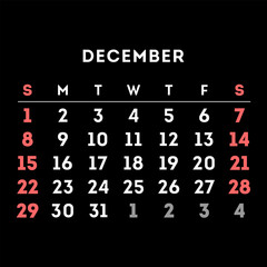December 2024 month calendar. Vector illustration.