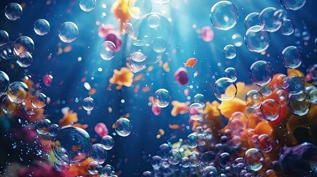  a bunch of bubbles floating in the air over a blue background.  generative ai