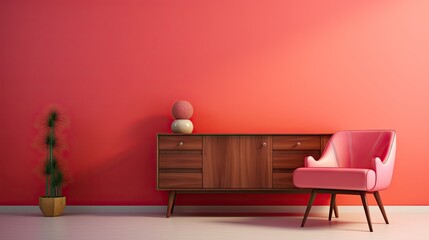  a pink chair sitting next to a wooden cabinet and a potted plant.  generative ai