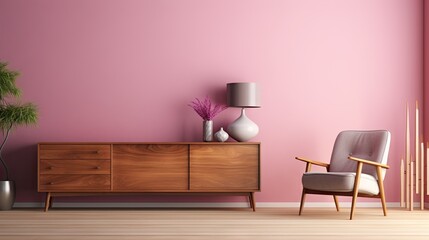  a pink room with a chair, vases and a lamp.  generative ai