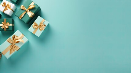  a group of wrapped gift boxes with gold bows on a blue background.  generative ai - obrazy, fototapety, plakaty