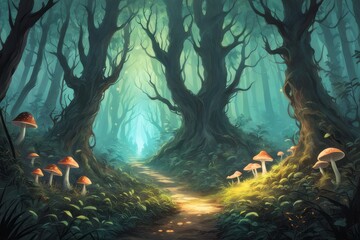 dark forest with a magic forest, mushrooms, mushrooms, mushrooms and trees. magic fairytale. dark forest with a magic forest, mushrooms, mushrooms, mushrooms and trees. magic fairytale. dark forest wi