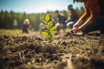 Group of volunteers planting tree in a park