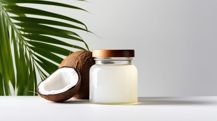 Obraz na płótnie Canvas a bottle of coconut oil next to a half a coconut. generative ai