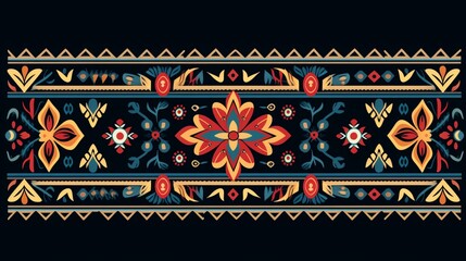 On a black background, the Ikat border is a typical ethnic oriental geometric pattern.tribal folklore drawing in vector form.Beautiful embroidery in an aztec style.antique carpet - obrazy, fototapety, plakaty