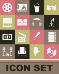 Set CD or DVD disk, Play Video, Movie spotlight, Paper glass with straw, Old film movie countdown frame, Cinema auditorium screen, Film reel and Headphones icon. Vector