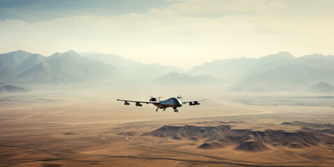 Fototapeta na wymiar A military drone surveils a vast, barren desert.