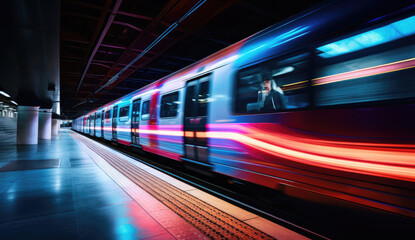 Fast underground subway train racing through the tunnels. Neon pink and blue light