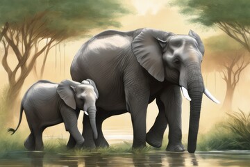 Fototapeta na wymiar elephant in the water elephant in the water illustration of African elephants in the water