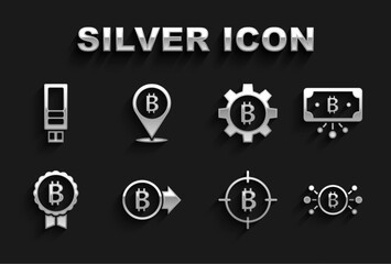 Set Bitcoin, with circuit, the target, Cryptocurrency, USB flash drive and icon. Vector