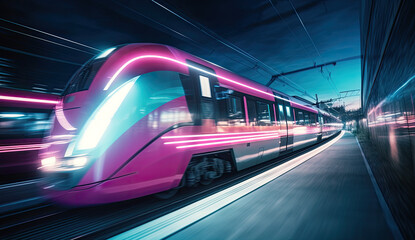 Fototapeta na wymiar Fast underground subway train racing through the tunnels. Neon pink and blue light