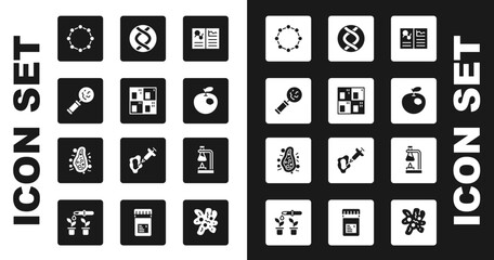 Set Clinical record, Periodic table, Microorganisms under magnifier, Chemical formula, Genetically modified apple, DNA symbol, Test tube flask on fire and Bacteria icon. Vector