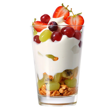 Fruit Parfait with Yogurt and Granola in a Glass on a Plate Isolated on a Transparent Background