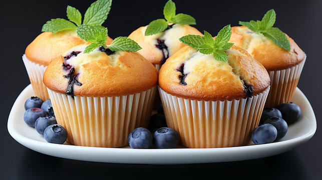Blueberry muffins with fresh blue berries on a white UHD wallpaper Stock Photographic Image