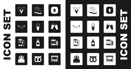 Set Hop, Glass of beer, Sausage, on the fork, Beer brewing process, Wooden barrel and can icon. Vector