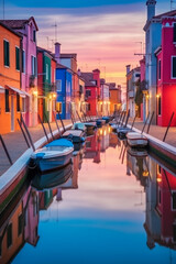Fototapeta na wymiar Farbige Häuser an einem Kanal auf der Insel Burano, Venedig, Italien, Generative AI