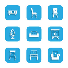 Set Armchair, Dressing table, Furniture nightstand, Chair, Mirror, and TV icon. Vector