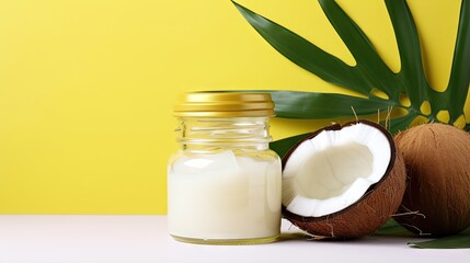 Fototapeta na wymiar a bottle of coconut milk next to a half eaten coconut. generative ai