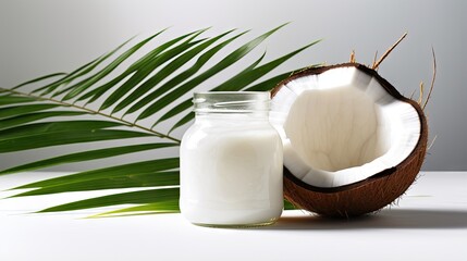 Obraz na płótnie Canvas a bottle of milk next to a half eaten coconut on a table. generative ai