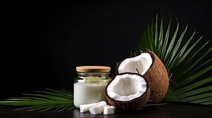 Obraz na płótnie Canvas a bottle of coconut oil next to a half eaten coconut. generative ai