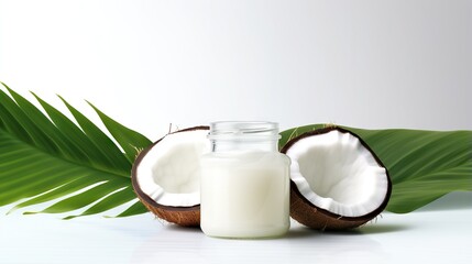 Obraz na płótnie Canvas a glass of milk next to a half eaten coconut on a white background. generative ai