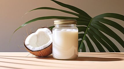 Obraz na płótnie Canvas a bottle of milk next to a half - eaten coconut. generative ai