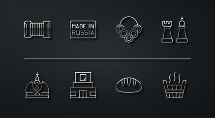 Set line Accordion, King crown, Chess, Bread loaf, Mausoleum of Lenin, Made Russia, Sauna bucket and Russian bagels icon. Vector