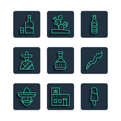 Set line Mexican man sombrero, house, Popsicle ice cream, Tabasco sauce, Tequila bottle, and glass and Snake icon. Vector