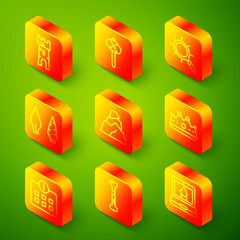 Set line Castle tower, Stone age hammer, Magnifying glass, arrow head, Rock stones, King crown, Information and Human broken bone icon. Vector