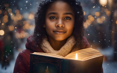A black mixed race girl holding a christmas carol book at Christmas carol, crowd holding candles in the background - obrazy, fototapety, plakaty