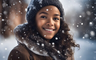 A black mixed race girl face smiling under the snow