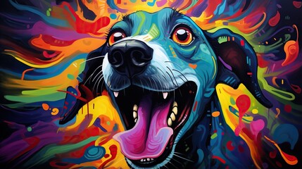  a colorful dog with its mouth open and his tongue out.  generative ai