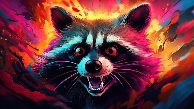  a raccoon with its mouth open and glowing red eyes.  generative ai