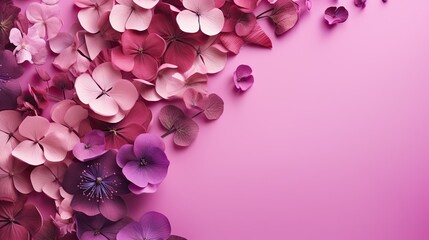  a bunch of pink flowers on a pink background with space for text.  generative ai