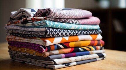 Pile of geometric print fabrics neatly folded.