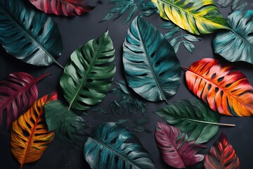  a group of different colored leaves on a black surface with a black background.  generative ai