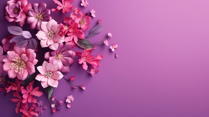  a bunch of pink flowers on a purple background with space for text. generative ai